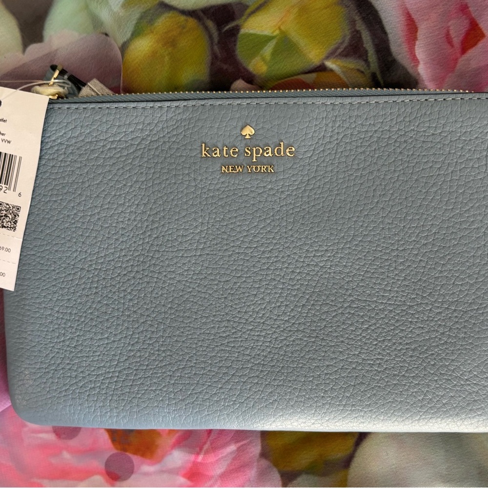 kate spade Light Blue Leather Wristlet “Lelia” Pebbled Leather